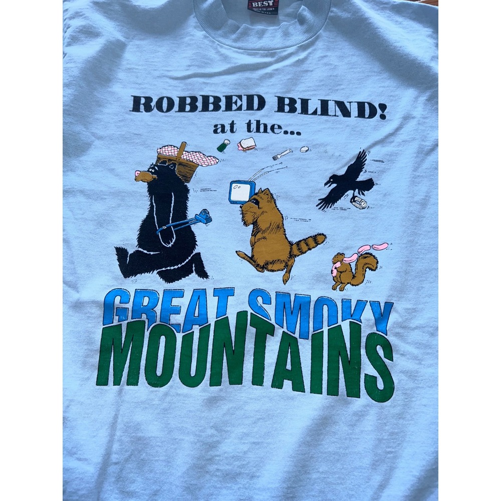 Vintage Best Fruit of the Loom Great Smoky Mountains Robbed Blind T-Shirt L USA